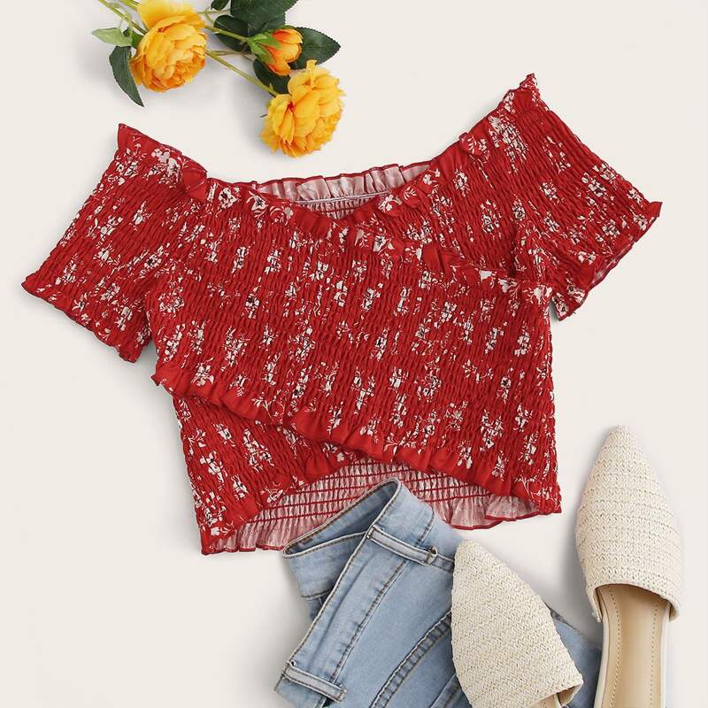 

Frill Trim Shirred Wrap Ditsy Floral Top, Red