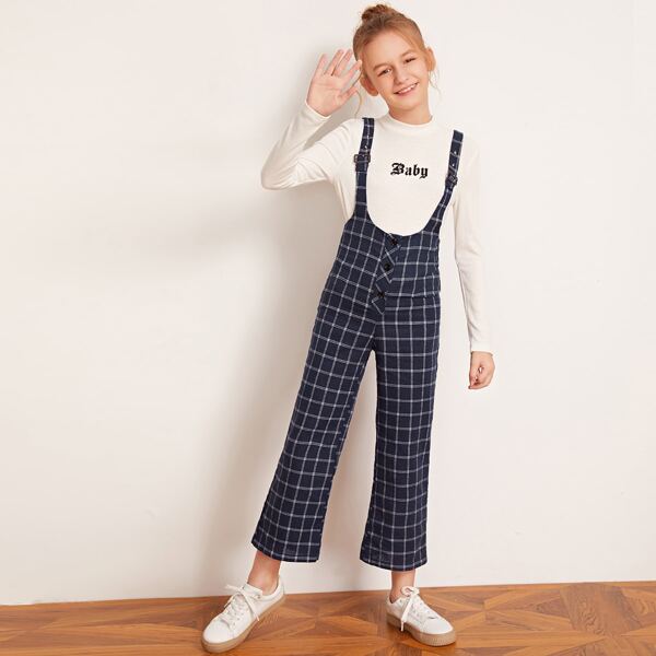 

Girls Button Detail Plaid Suspender Jumpsuit, Navy