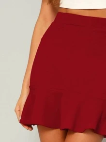 SHEIN Privé Ruffle Hem Solid Skirt - Burgundy - View 4