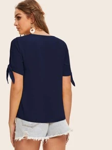 SHEIN Clasi Solid Self-Tie Split Sleeve Top - Navy Blue - View 2