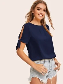 SHEIN Clasi Solid Self-Tie Split Sleeve Top - Navy Blue - View 3