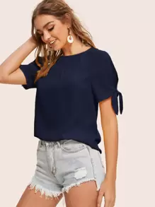 SHEIN Clasi Solid Self-Tie Split Sleeve Top - Navy Blue - View 1