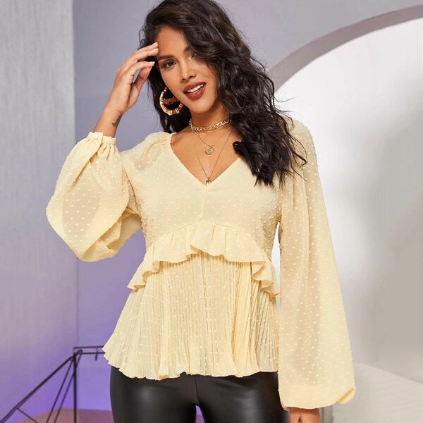 

Lantern Sleeve Swiss Dot Ruffle Trim Pleated Top, Apricot pastel