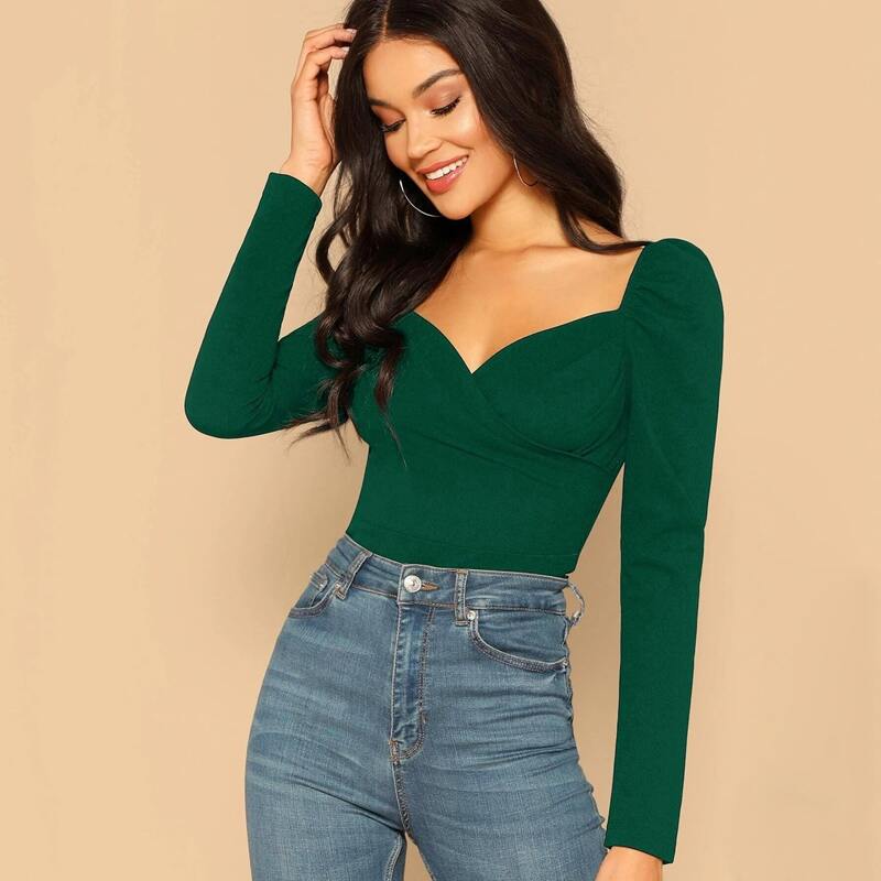 

Sweetheart Neck Puff Sleeve Wrap Top, Green