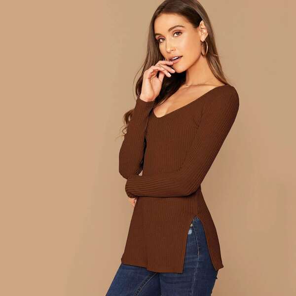 

V-neck Split Hem Rib-knit Tee, Chocolate brown coffee brown