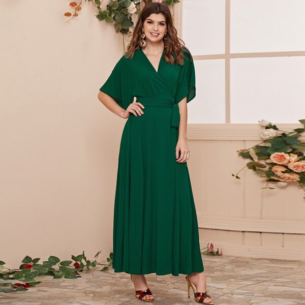 

Surplice Neck Batwing Sleeve Belted Dress, Green