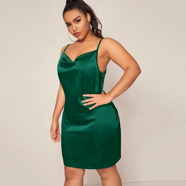 

Plus Draped Neck Satin Cami Dress, Green