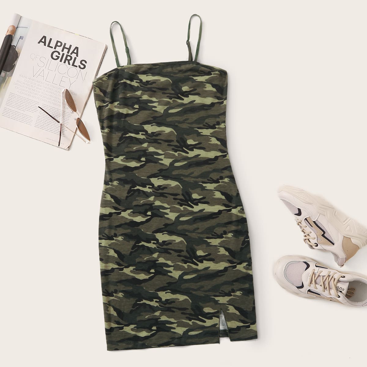 

Split Hem Camo Print Cami Dress, Multicolor