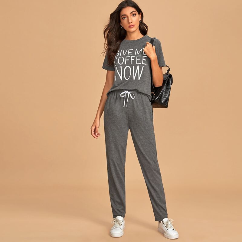 

Slogan Graphic Ribbon Bow PJ Set, Grey