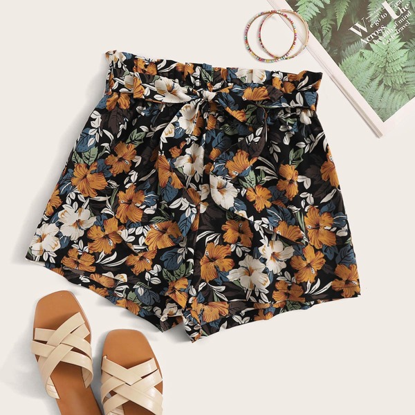 

Plus Paperbag Waist Belted Floral Shorts, Multicolor