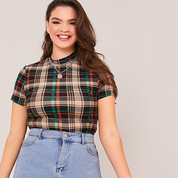 

Plus Mock Neck Tartan Top, Multicolor