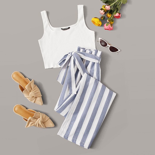 

Rib-knit Tank Top & Striped Belted Pants Set, Multicolor