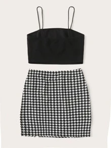 SHEIN Conjunto top corto de tirante unicolor con falda con abertura de pata de gallo - Blanco y Negro - Ver 2