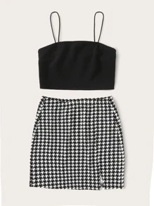 SHEIN Conjunto top corto de tirante unicolor con falda con abertura de pata de gallo - Blanco y Negro - Ver 4