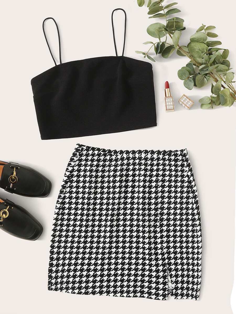 SHEIN Conjunto top corto de tirante unicolor con falda con abertura de pata de gallo - Blanco y Negro - Ver 1