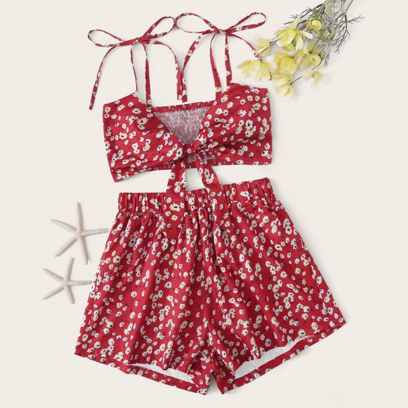 

Ditsy Floral Shirred Tie Shoulder Cami Top With Shorts, Red