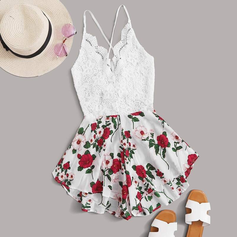 

Lace Top Floral Cami Romper, Multicolor