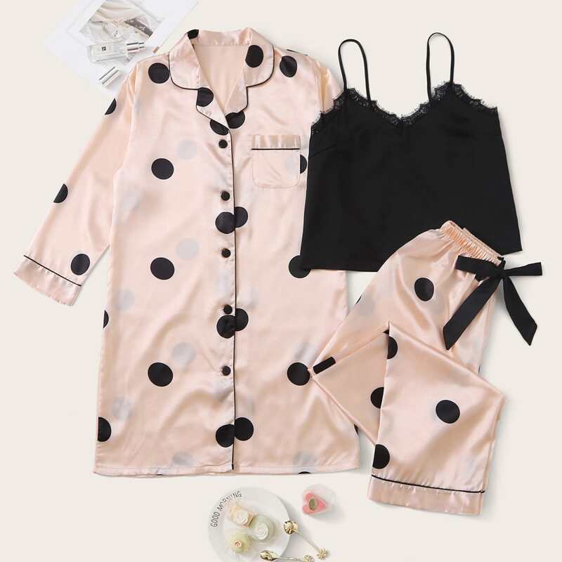 

Satin Polka Dot Pocket Front PJ Set, Pink