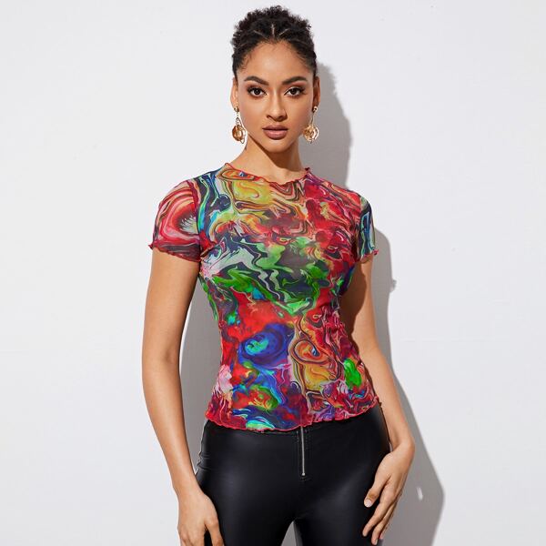 

Lettuce Trim Allover Print Mesh Top Without Bra, Multicolor