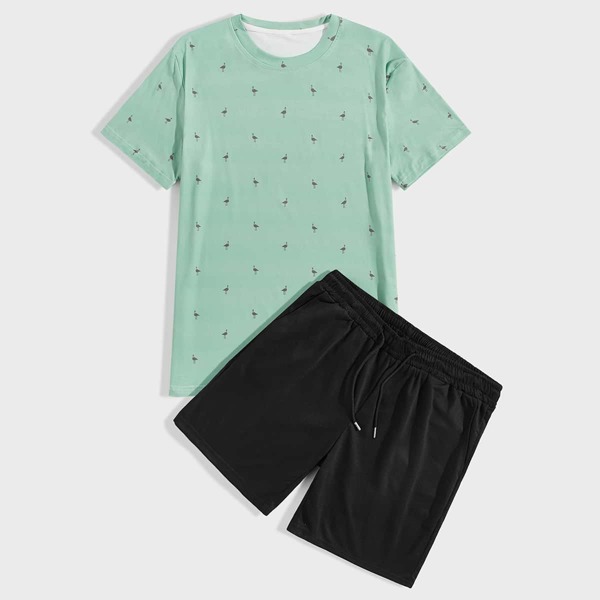 

Men Flamingo Print Tee & Drawstring Waist Shorts, Multicolor