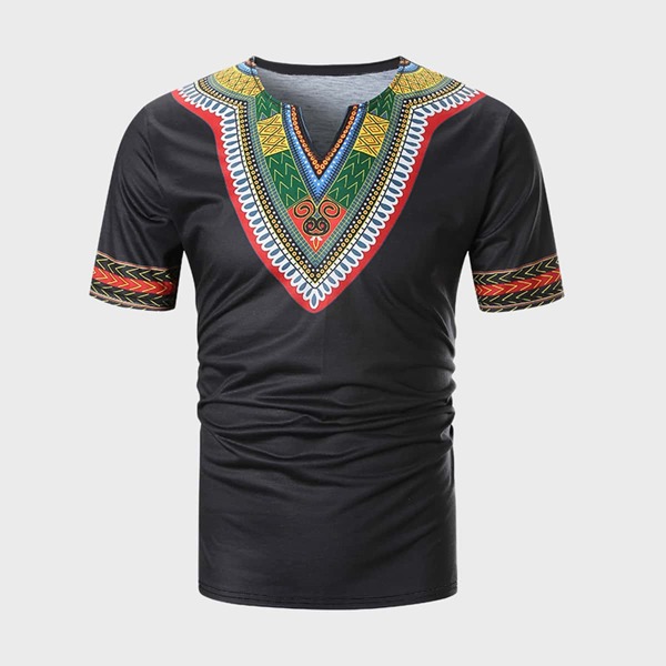 

Men Notched Neck Tribal Print Tee, Black
