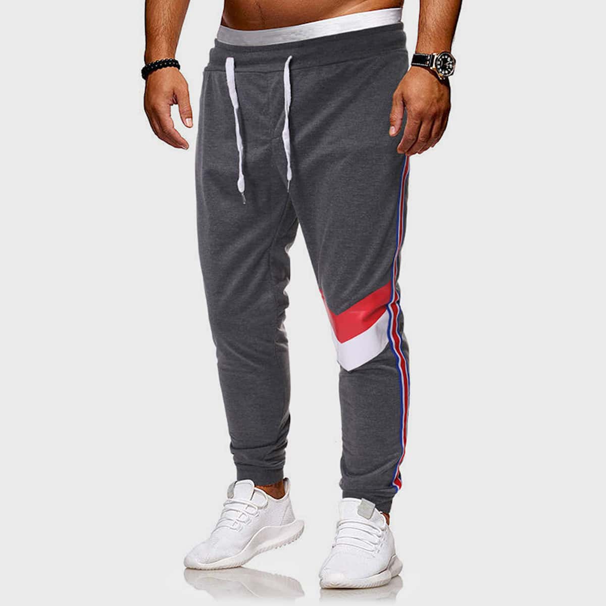 

Guys Contrast Panel Striped Tape Side Drawstring Sweatpants, Grey