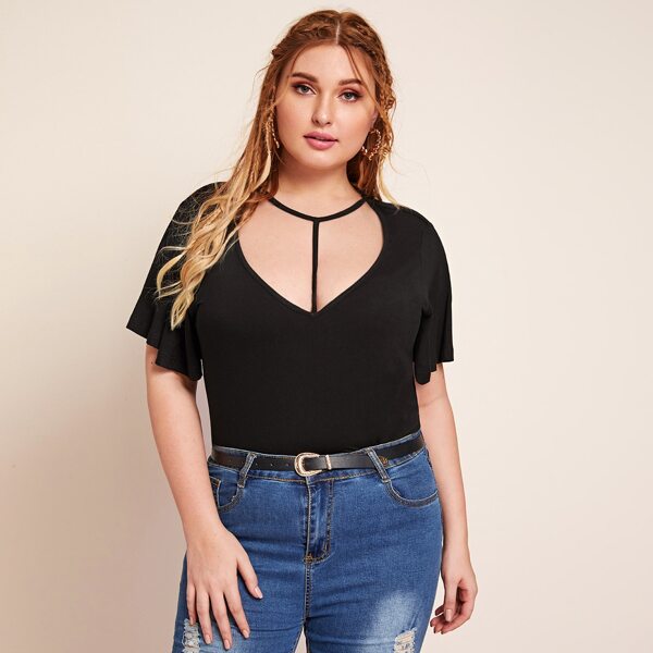 

Plus Flutter Sleeve Cutout Front Top, Black