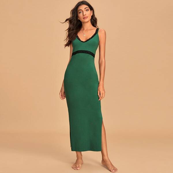 

Contrast Lace Detail Split Hem Slip Nightdress, Green