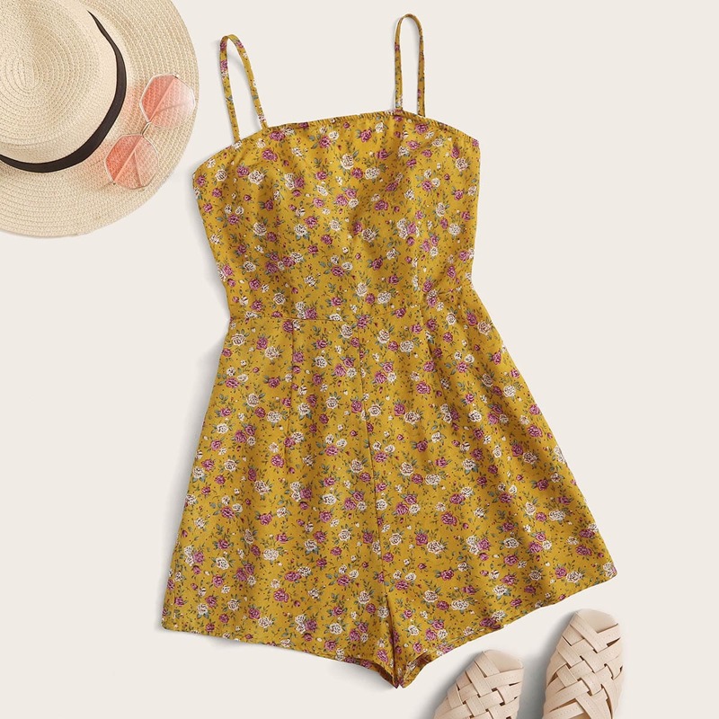 

Tie Back Floral Print Slip Romper, Yellow