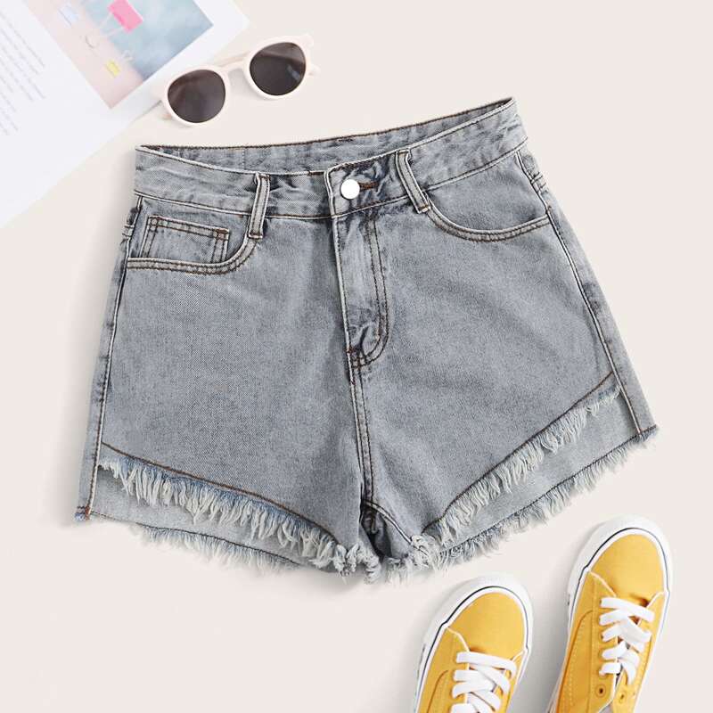 

Raw Hem Denim Shorts Without Belt, Blue