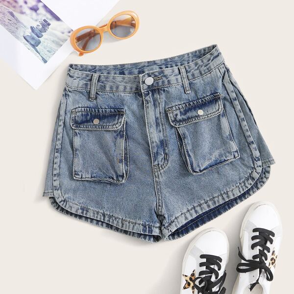 

Washed Flap Pocket Denim Shorts, Blue