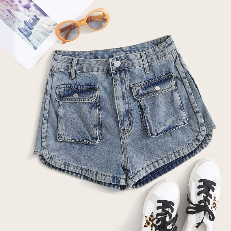 

Washed Flap Pocket Denim Shorts, Blue