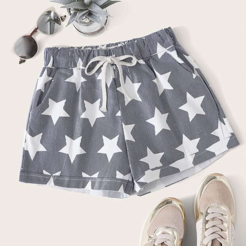 

Pinstriped Star Print Drawstring Shorts, Grey