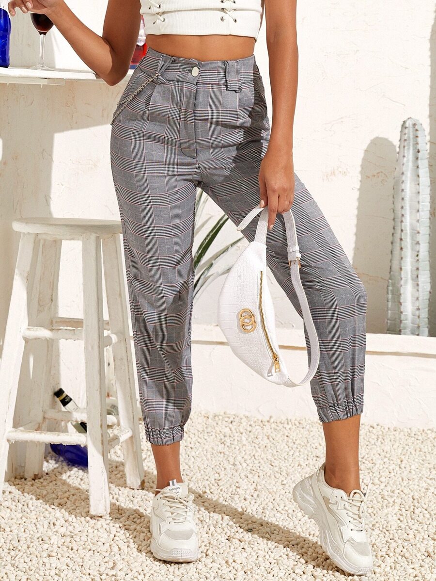 Chain Detail Plaid Crop Trousers - Grey - View 1