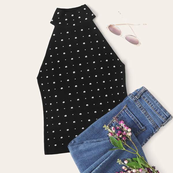 

Rhinestone Detail Fitted Knit Top, Black