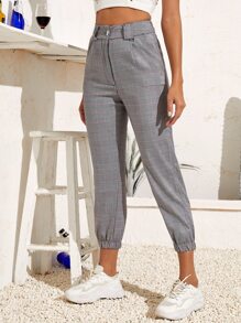 Chain Detail Plaid Crop Trousers - Grey - View 3