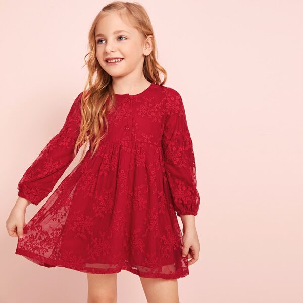 

Toddler Girls Floral Embroidery Mesh Overlay Dress, Red