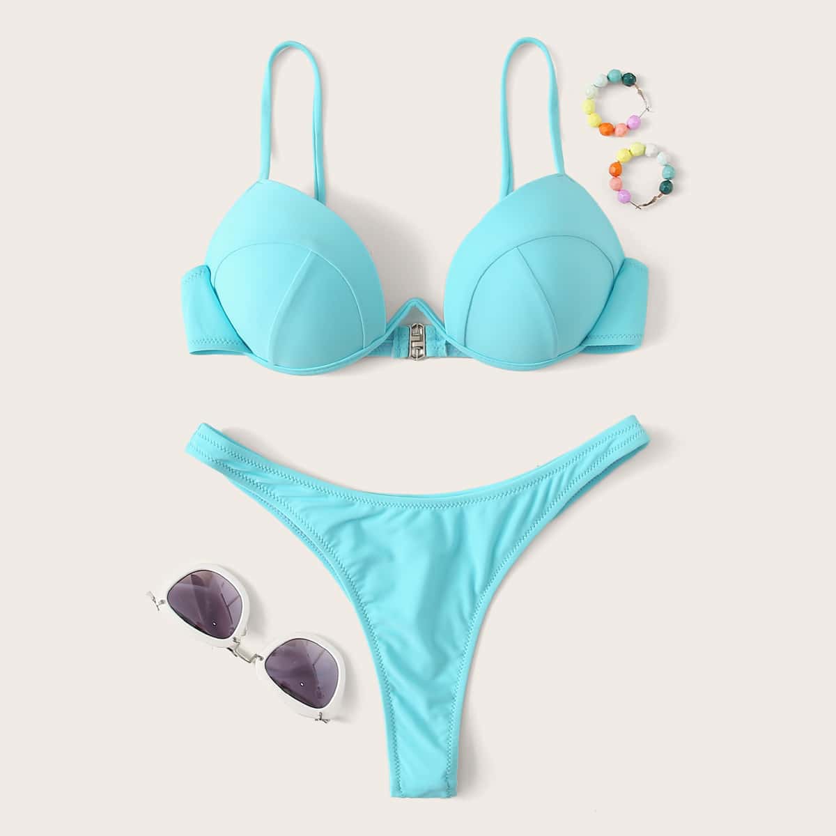 

Solid High Cut Underwire Bikini Swimsuit, Blue