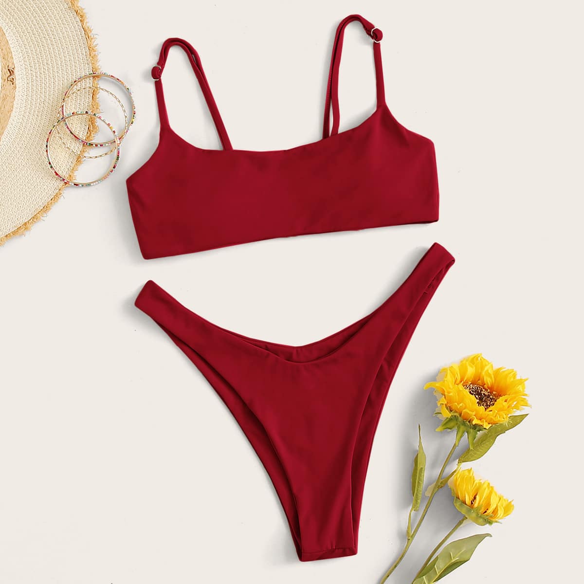 

Adjustable Strap High Cut Bikini Swimsuit, Red