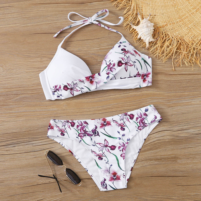 

Floral Cross Wrap Halter Bikini Swimsuit, Multicolor