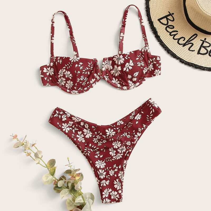 

Floral High Cut Bikini Swimsuit, Red