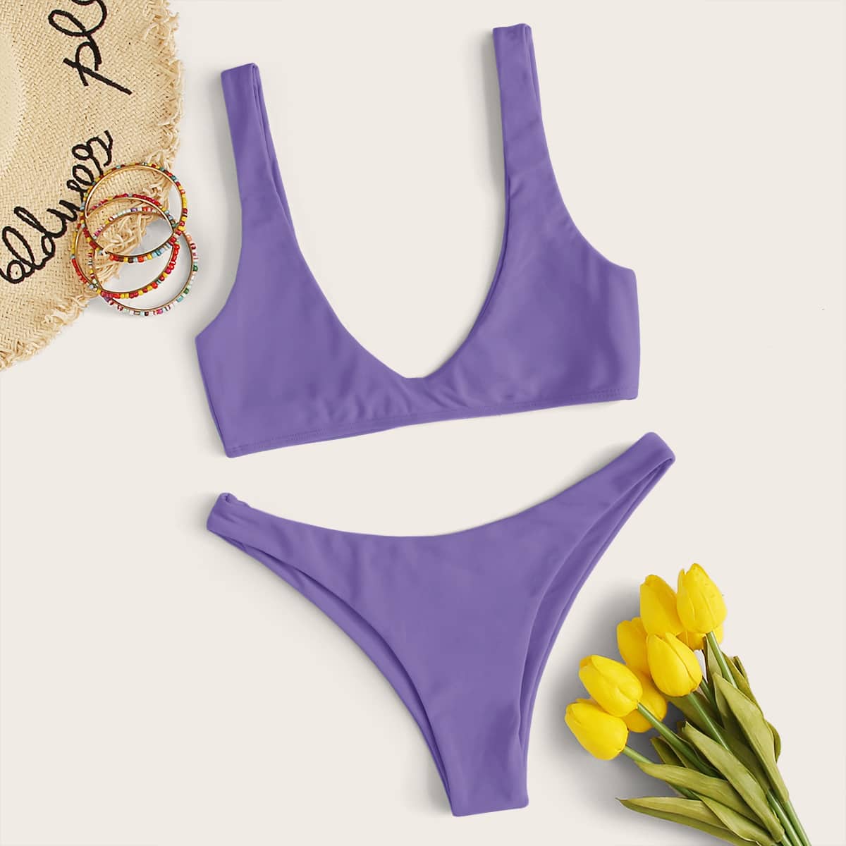 

Solid High Cut Bikini Swimsuit, Purple