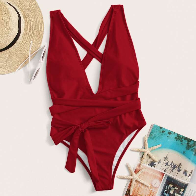 

Self Tie Plunging One Piece Swimsuit, Red