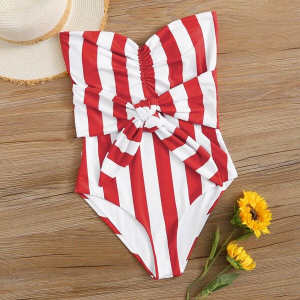 

Striped Tie Front One Piece Swimsuit, Multicolor