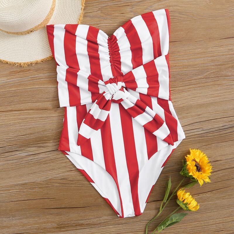 

Striped Tie Front One Piece Swimsuit, Multicolor