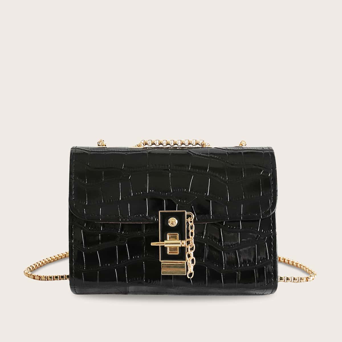 

Croc Embossed Flap Chain Crossbody Bag, Black