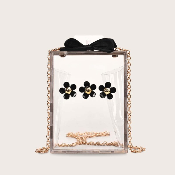 

Flower Decor Transparent Chain Crossbody Bag, Black
