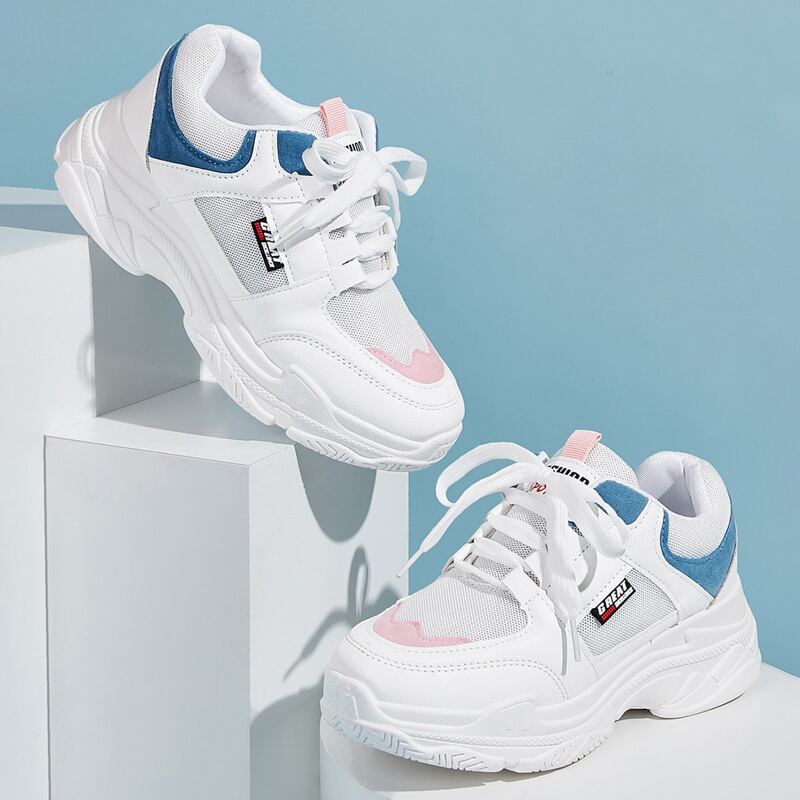 

Lace-up Front Mesh Panel Chunky Sneakers, White