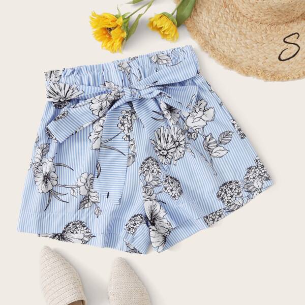

Floral & Striped Print Belted Paper Bag Shorts, Blue