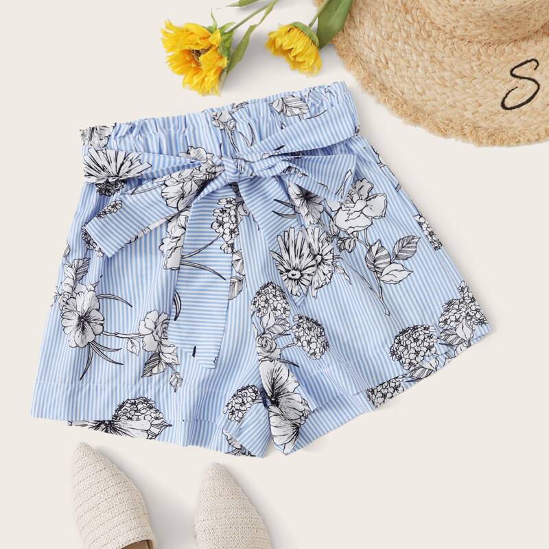 

Floral & Striped Print Belted Paper Bag Shorts, Blue